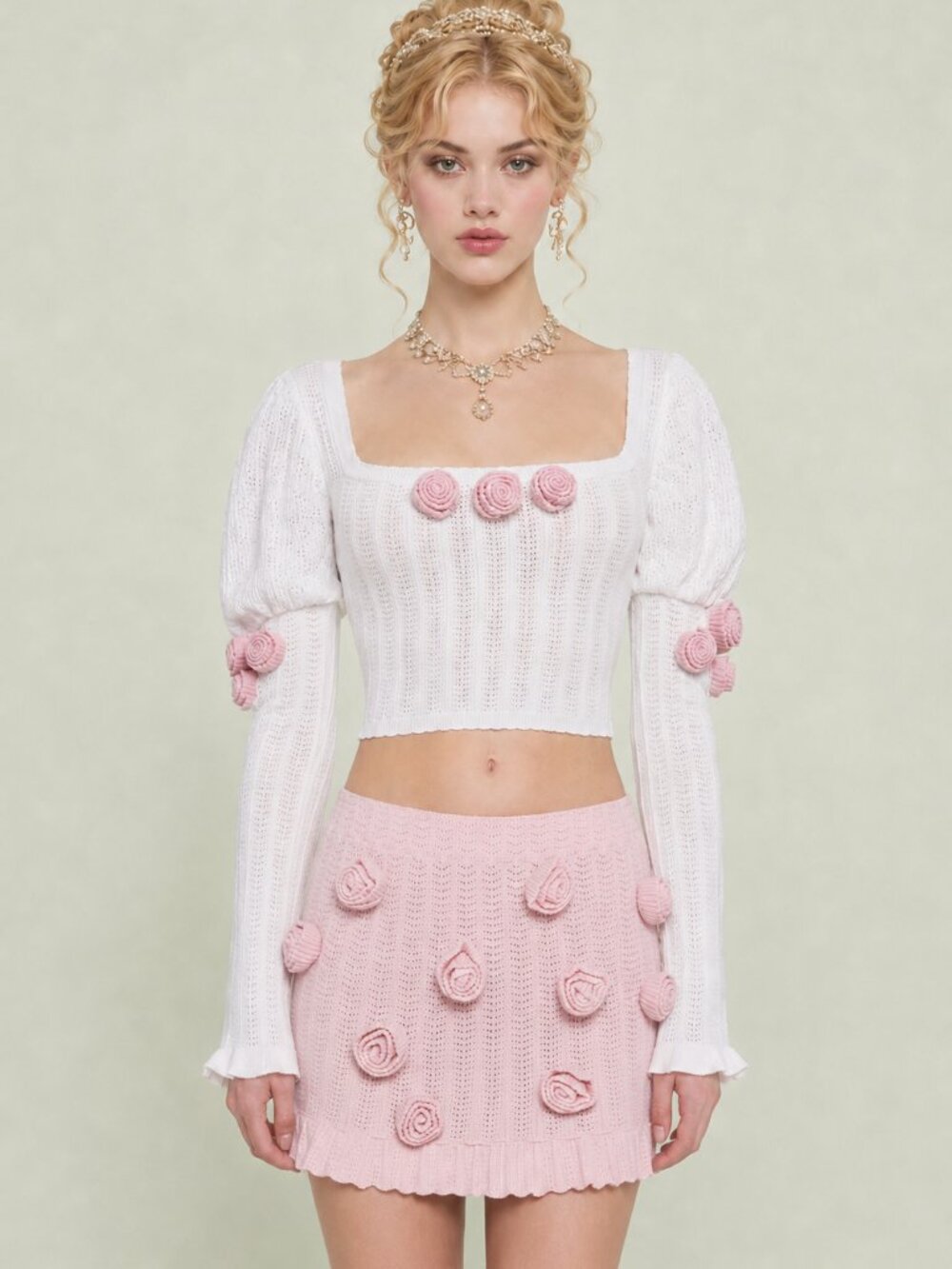 Dolls Kill Sugar Thrillz Pointelle Knit Long Puff Sleeve Top w/ Rosette Details
